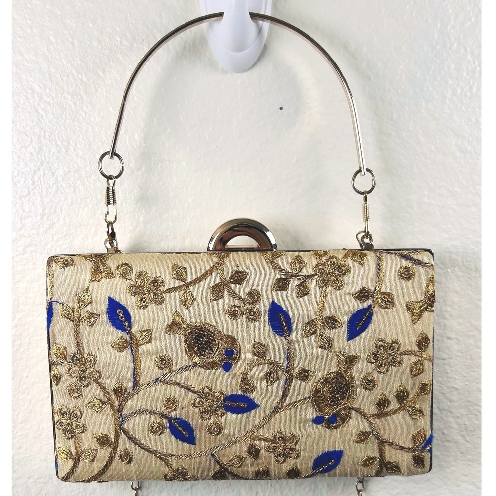 Gold Floral Bird Embroidered Evening Bag Blue Accents Formal Wedding Handbag